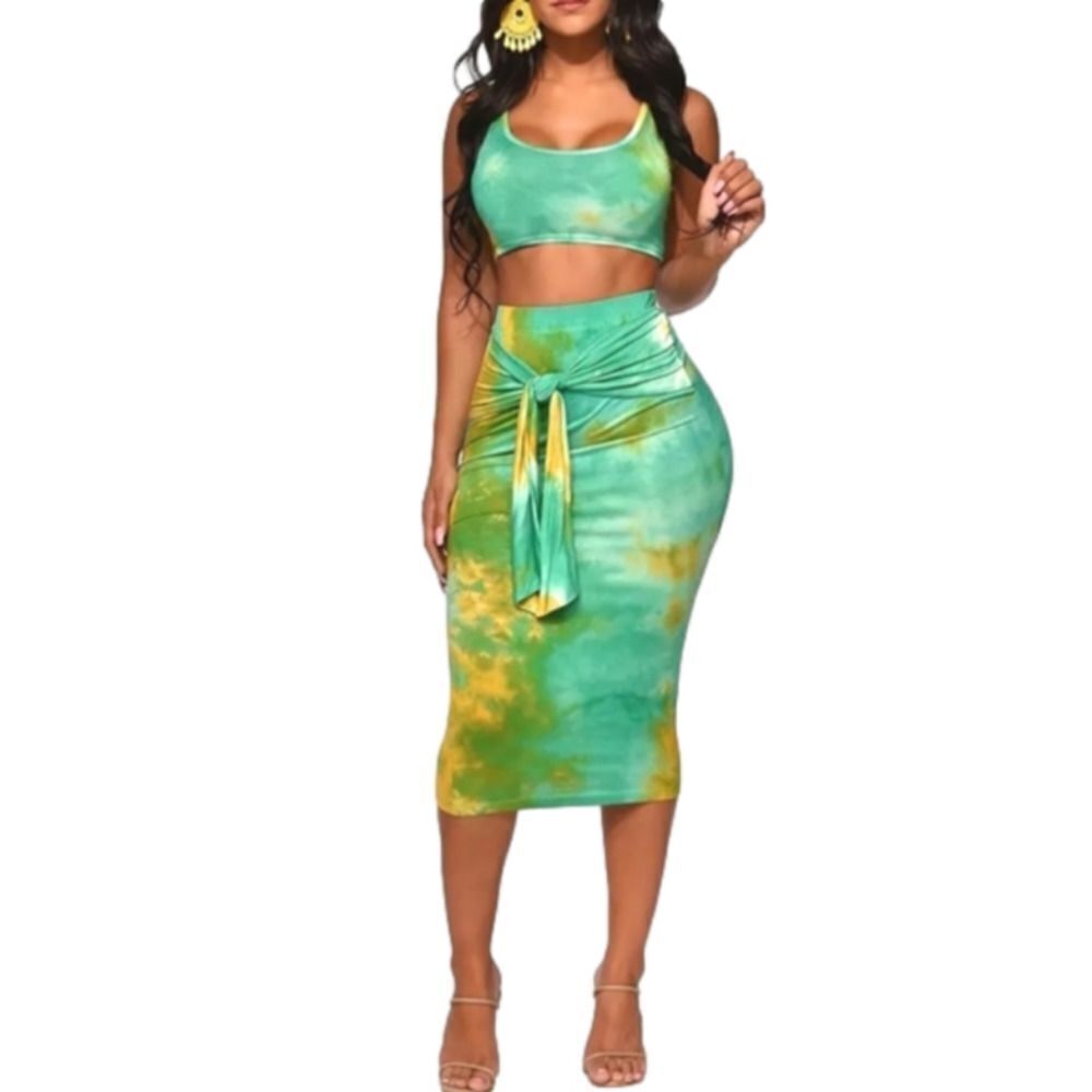 Ladies Green Tie-dye 2 Piece Skirt Set Size Large